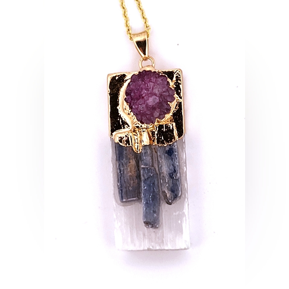 Natural Kyanite, Selenite & Purple Geode Crystal Gold Necklace Nkspugcgn2